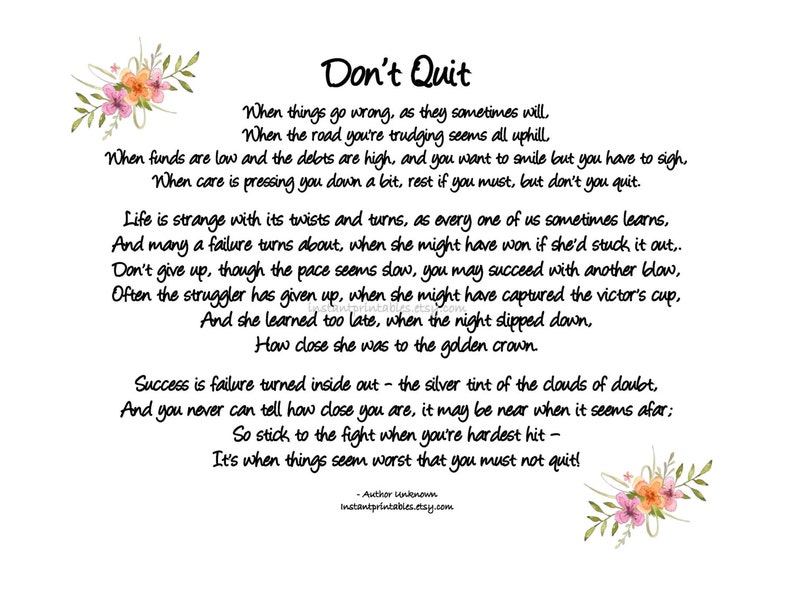 SALE Don t Quit Poem Print Printable Art Gift For Friend Etsy