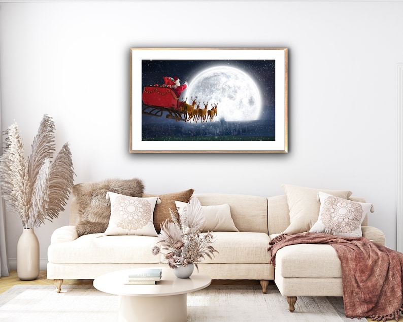 Santa Reindeer Sleigh Printable Wall Art Decor 8x20 Inch Etsy