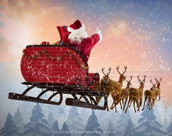 Santa Sleigh Reindeer Flight Christmas Art Print (Digital Download)