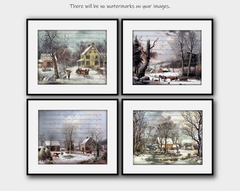 Christmas Snowscape Art Prints, Antique Winter Farmhouse (Set of 4) (Digital Download)