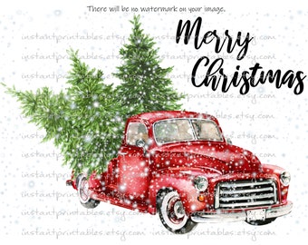 Christmas Red Truck PNG, Trees in Snow (Digital Download)