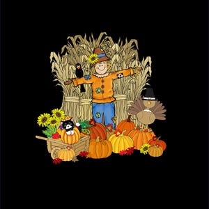 May include: A vibrant autumn illustration with a smiling scarecrow wearing a sunflower hat, pumpkins, sunflowers, and a black cat in a pumpkin. A turkey and a crow are also present. The background includes a corn stalk.