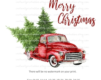 Red Truck Print Printable Art Christmas Wall Art Decor Merry Christmas Home Decor Watercolor Commercial Use Vintage Old Antique Retro #1106
