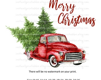 Vintage Red Truck Christmas Tree Watercolor Print (Digital Download)