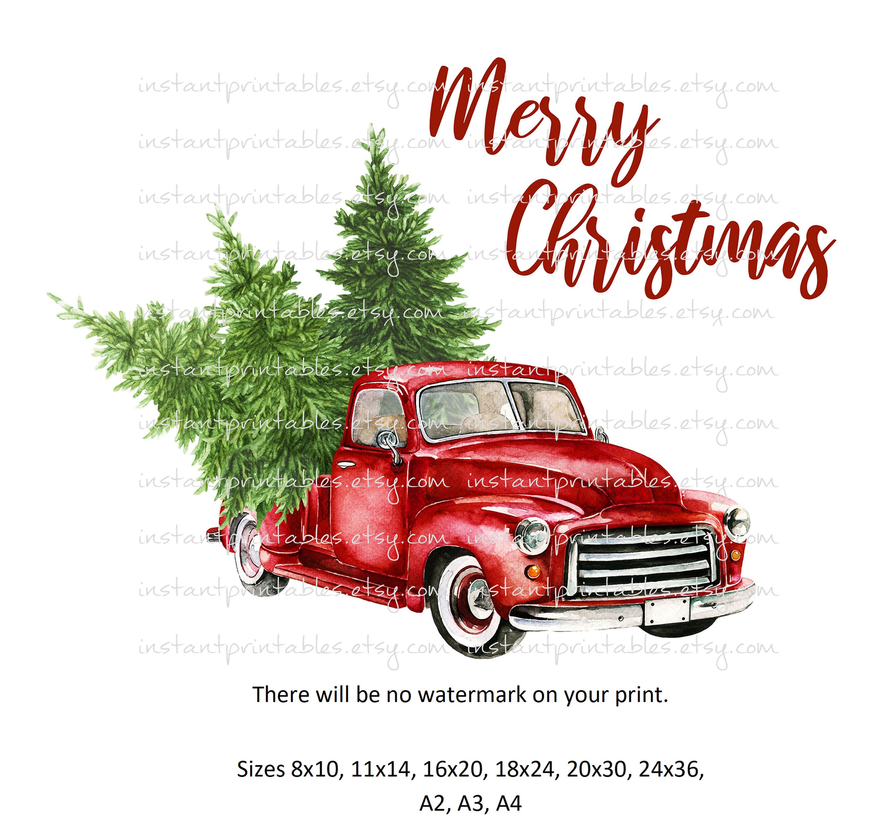vintage red truck christmas tree watercolor print (digital