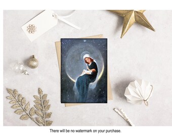 Nativity Christmas Card: Mary and Baby Jesus on Moon (PNG JPG)