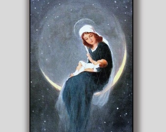 Mary and Baby Jesus Moon Art: Nativity Scene Printable (Digital Download)