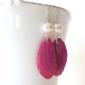 Freshwater Pearl Dangle Earrings, Agate Slice Earrings, White Pearl Earrings, Long Dangle Earrings, Statement Earrings, Gemstone Earrings