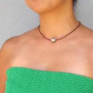 Tahitian Pearl Necklace, Hawaiian Jewelry, Tahitian Pearl Necklace Leather, Boho Jewelry, Tahiti Pearl Necklace, Leather Choker with Pearl