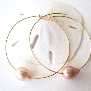 Pink Pearls Hoops, Pink Pearl Hoop Earrings, Pearl Hoops, Baroque Pearl Hoops, Large Gold Hoop Earrings, Elegant Hoops, 2 inch Boho Hoops