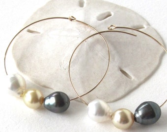 Tahitian Pearl Earrings, Tahitian Pearl Hoop Earrings, South Sea Pearl Earrings, Baroque Pearl Earrings,Tahitian Pearl Jewelry, 2 inch Hoops