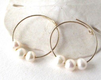 Pearl Hoop Earrings, Bridal Jewelry, Gold Hoop Earrings, Pearl Earrings, Gold Hoops, Minimalist Jewelry, Bridesmaids Gift, Pearl Hoops