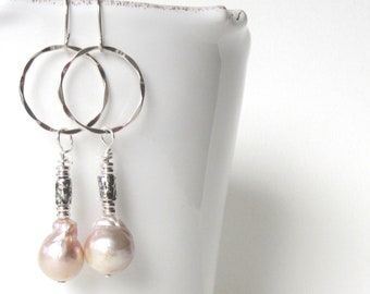 Baroque Pearl Dangle Earrings, Pearl Dangle Hoops, Minimalist Earrings, Pearl Hoop Earrings, Pearl Drop Earrings Silver, Bridal Earrings,