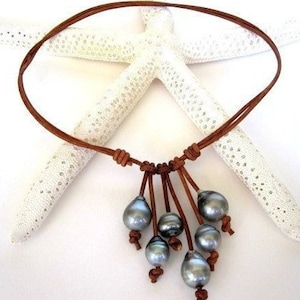 Pearl and Leather Necklace, Tahitian Pearl Necklace, Tahitian Pearls, Pearls on Leather Necklaces, Leather Jewelry, Pearl Jewelry, Boho