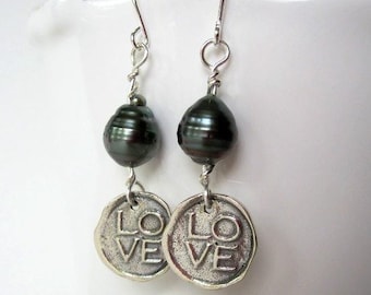 Tahitian Pearl Earrings Dangle, Love Jewelry, Pearl Drop Earrings, Sterling Silver Dangle Pearl Earrings, Black Pearl Earrings Dangle