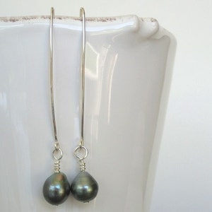 Tahitian Pearl Dangle Earrings, Dangle Pearl Drop Earrings, Birthstone Jewelry, Handmade Jewelry, Black Pearl Earrings. Long Dangle Earrings