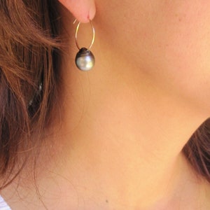 Pearl Hoop Earrings, Pearl Drop Earrings, Tahitian Pearl Earrings, Small Gold Hoops, 14k Gold Filled Earrings, Teardrop Pearl Earrings