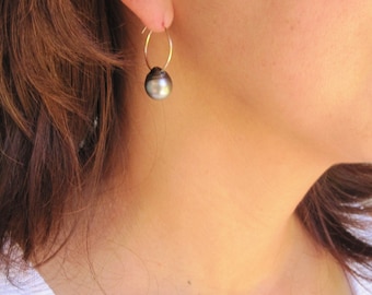 Perlen Creolen, Perlen Tropfen Ohrringe, Tahiti Perlen Ohrringe, kleine Gold Creolen, 14k Gold Filled Ohrringe, Teardrop Perlen Ohrringe