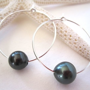 Tahitian Pearl Hoop Earrings, Tahitian Pearl Jewelry, Tahitian Pearl Earrings, 1 inch Hoops, Hawaiian Jewelry, Black Pearl, Sterling Silver
