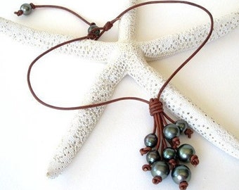 Tahitian Pearls Necklace, Tahitian Pearl Jewelry, Leather Pearl Necklace, Pearl Leather Jewelry, Pearl Necklace, Leather Necklace, Bohemian