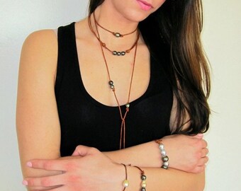 Tahitian Pearls Necklace, Leather Lariat Necklace, Tahitian Pearl Jewelry, Leather Y Necklace, Pearl Jewelry, Pearls and Leather Necklace