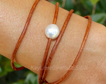 Pearl Leather Wrap Bracelet, South Sea Pearl, Tahitian Pearl, Single Pearl Choker Necklace, Leather Pearl Jewelry, June Birthstone, Boho