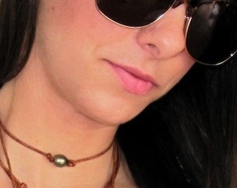 Tahiti Perlen Leder Choker Halskette, Schwarze Perlen Halskette, Leder und Perlen Halskette, Südsee Perle, Perlen Leder Choker, Perlen Choker