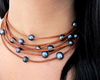 Peacock Pearls Necklace, Bohemian Pearls and Leather Jewelry, Black Pearl Necklace, Multi strand Necklace, Boho Jewelry, Boho Necklace