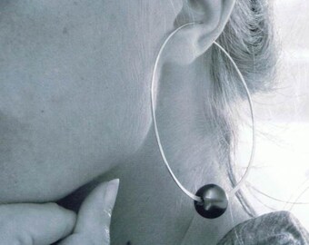 Large Hoops Pearl, Pearl Hoop Earrings, Tahitian Pearl Earrings, Tahiti Earrings, Sterling Hoop Earrings,Sterling Silver Hoops, 3 inch Hoops