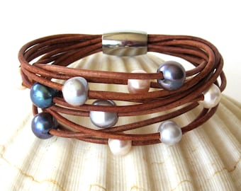 Pearl and Leather Bracelet, Multi-Strand Leather Pearl, Pearl and Leather Jewelry, Wrap Bracelet, Leather and Pearl Bracelet, Pearl Bracelet