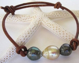Tahitian Pearls Bracelet Leather, Tahitian Pearl Jewelry, South Sea Pearl Bracelet, Cultured Pearls on Leather Bracelet, Luxury Bracelet