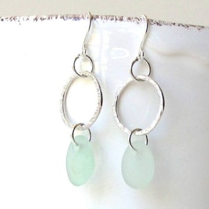 Sterling Silver Sea Glass Earrings, Genuine Sea Glass Earrings, Sterling Silver Hoop Earrings, Sea Glass Jewelry, Aqua Sea Glass Earrings