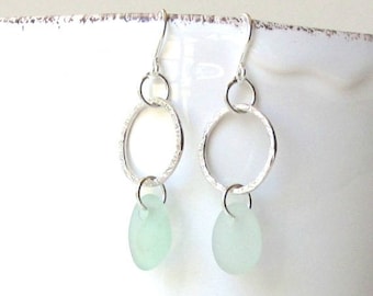 Sterling Silver Sea Glass Earrings, Genuine Sea Glass Earrings, Sterling Silver Hoop Earrings, Sea Glass Jewelry, Aqua Sea Glass Earrings