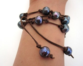 Leather Wrap With Pearls, Black Pearl Bracelet Bohemian Pearl
