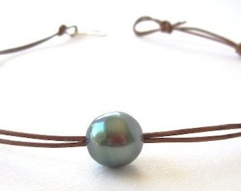 Tahitian Schwarze Perlen Choker, Tahitian Perlen Halskette,Perlen Choker Halskette,Große Tahitian Perle Leder Halskette,Tahiti Perle Halskette