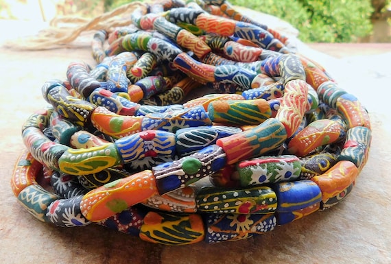 28 Slightly Graduated Mixed Krobo Tube Beads, Ethnic African Recycled Glass  Beads,boho Powder Glass Hand Painted Krobo Beads,african Beads 