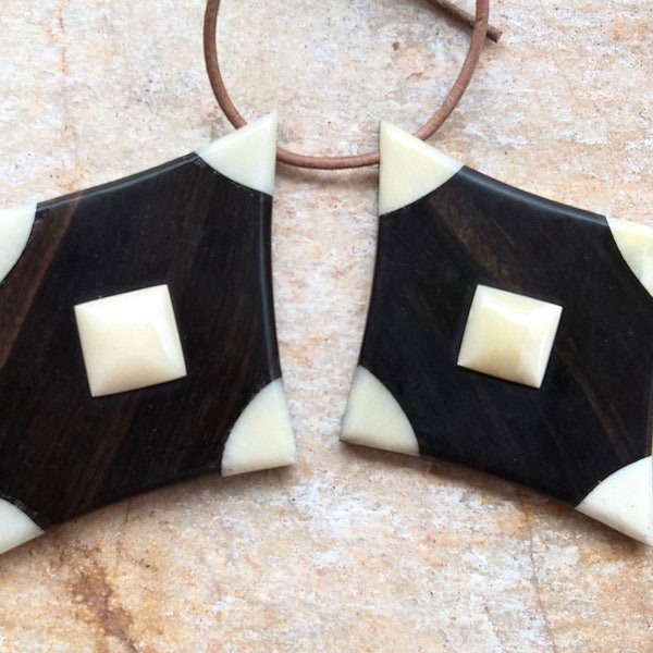 Mali Ebony Wood & Bone Pendant,African Tribal Wood Pendant with Camel Bone Inlay, Diamond shape Wood and Bone Pendant,Hand Made Wood Pendant