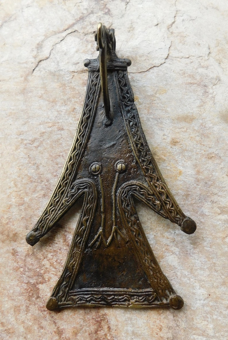 Burkina Faso Vintage Brass  Pendant,African Brass Pendant Extra Large Vintage Lobi Tribal Stylized Bird Brass Pendant,African Tribal Brass