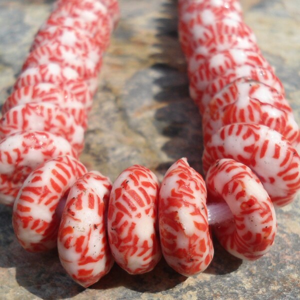 African recycled glass beads,15 mm, African Glass Beads, 30 Red & White African Beads, Ghana Glass Beads,African Beads