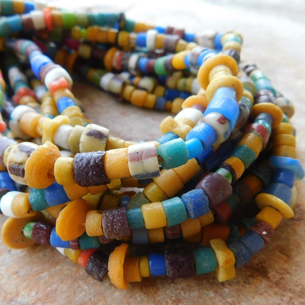 Vintage Mixed African Ethnic Beads,35 Inches,Full String Small Tube Beads,Recycled Glass Beads,Mixed Boho Beads Ghana Beads,Krobo Beads