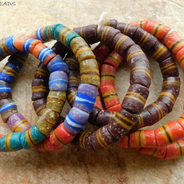 16 Sand Cast Krobo Beads,African Recycled Sand Cast Glass Beads,Powder Glass Beads,Ghana Krobo Tube Beads,Ghana Glass Beads,African Beads