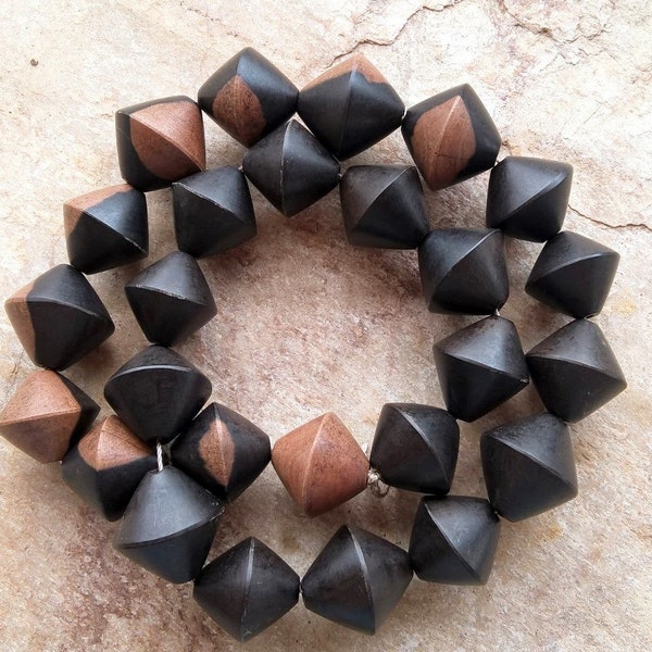 African Ebony Wooden Beads,Ebony Mali Wood Beads,Full String(26 Beads)Bi Cone Wood Beads,25 mm,Mali Wood Beads,Hand Made Beads,African Beads