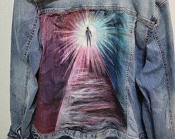 Hand Painted Womens XXL Jean Jacket Coat Walk Into the Light Alien