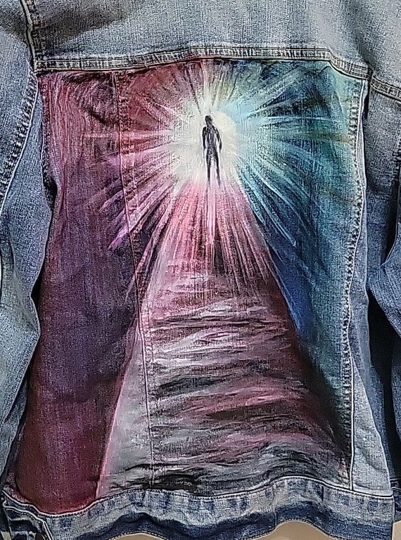 Hand Painted Womens XXL Jean Jacket Coat Walk Into the Light Alien