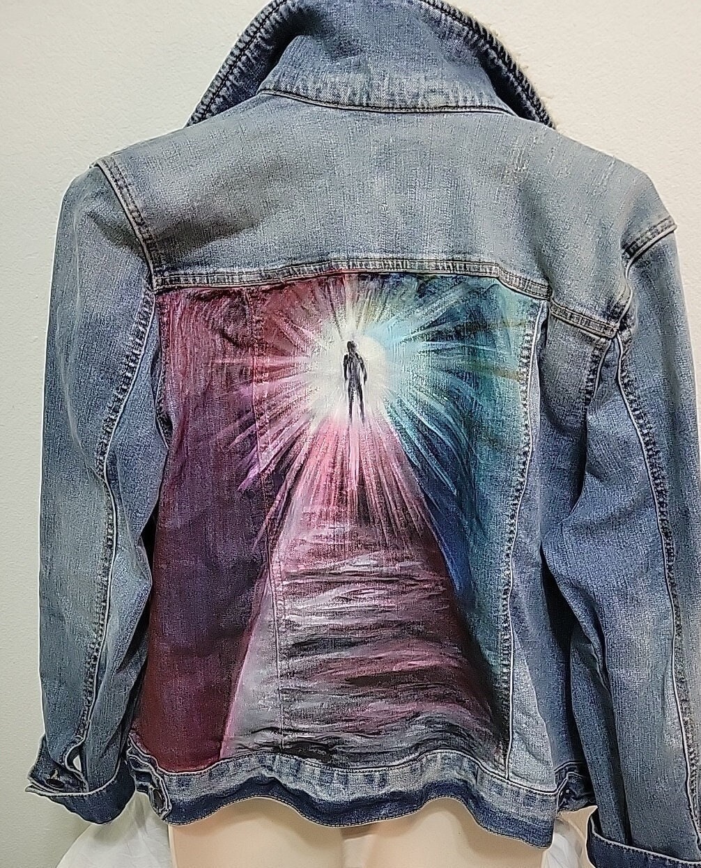 Hand Painted Womens XXL Jean Jacket Coat Walk Into the Light Alien