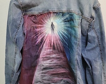 Hand Painted Womens XXL Jean Jacket Coat Walk Into the Light Alien