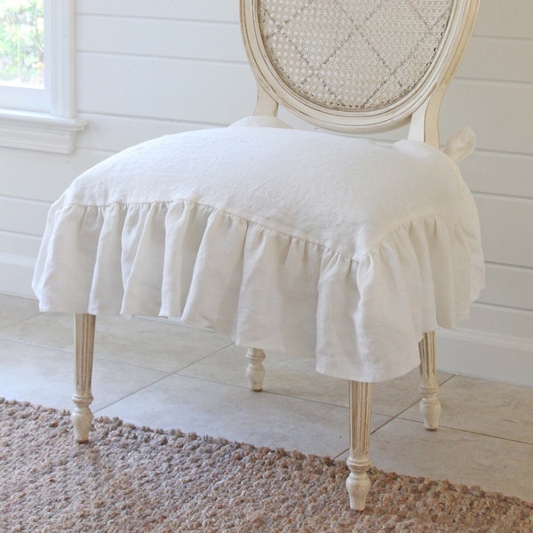 New! Luxury Chair Cover, Ruffled Linen, Dining Chair Covers, Slipcover, Farmhouse Decor, HEAVY drape linen WARM WHITE