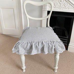 no pad included - just a slip cover Regular Size Dining Chair Seat Cover French Linen Ruffled on 4 sides Shabby Chic Style Ticking Stripe no pad included - just a slip cover Regular Size Dining Chair Seat Cover French Linen Ruffled on 4 sides Shabby Chic Style Ticking Stripe