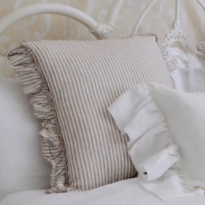 Ruffled Euro Sham, Linen Euro Sham, Bed Pillow Cover, Cushion Cover, Farmhouse Bedding and Shabby Chic Style TICKING STRIPE