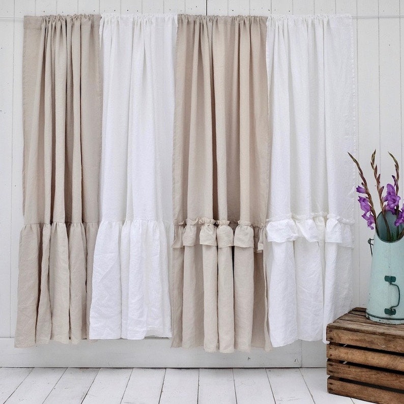 Linen Shower Curtain Gathered Farmhouse Decor Etsy